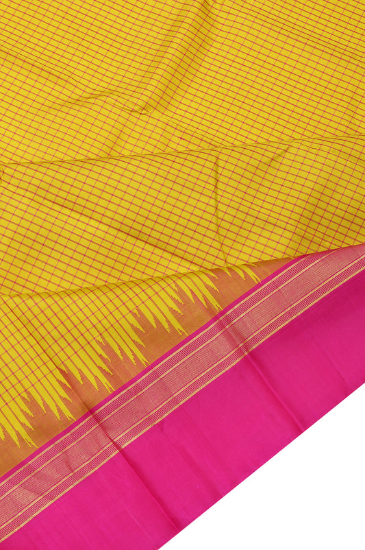 Mustard Kanchipuram Silk Saree with Pink Gold Zari Stripes and Checks