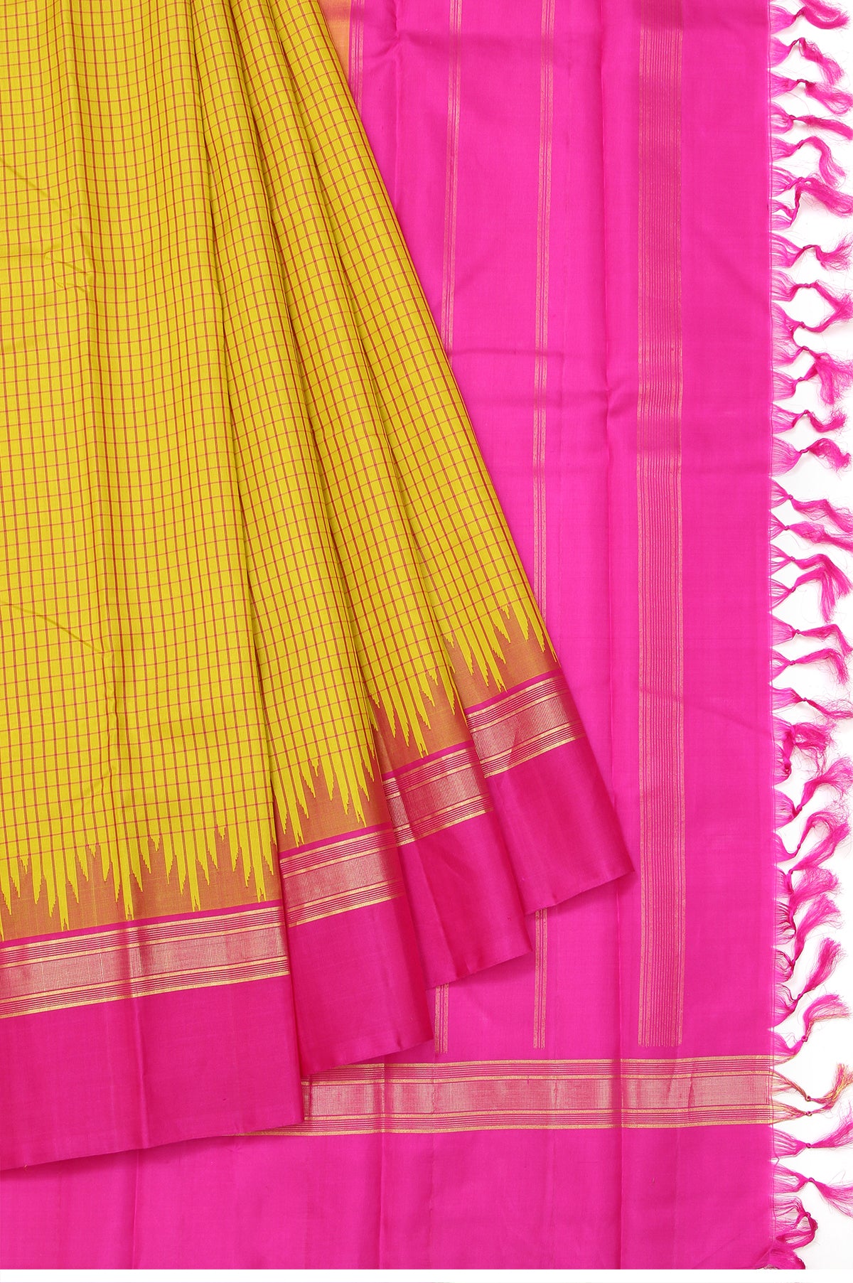 Mustard Kanchipuram Silk Saree with Pink Gold Zari Stripes and Checks