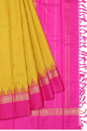 Mustard Kanchipuram Silk Saree with Pink Gold Zari Stripes and Checks