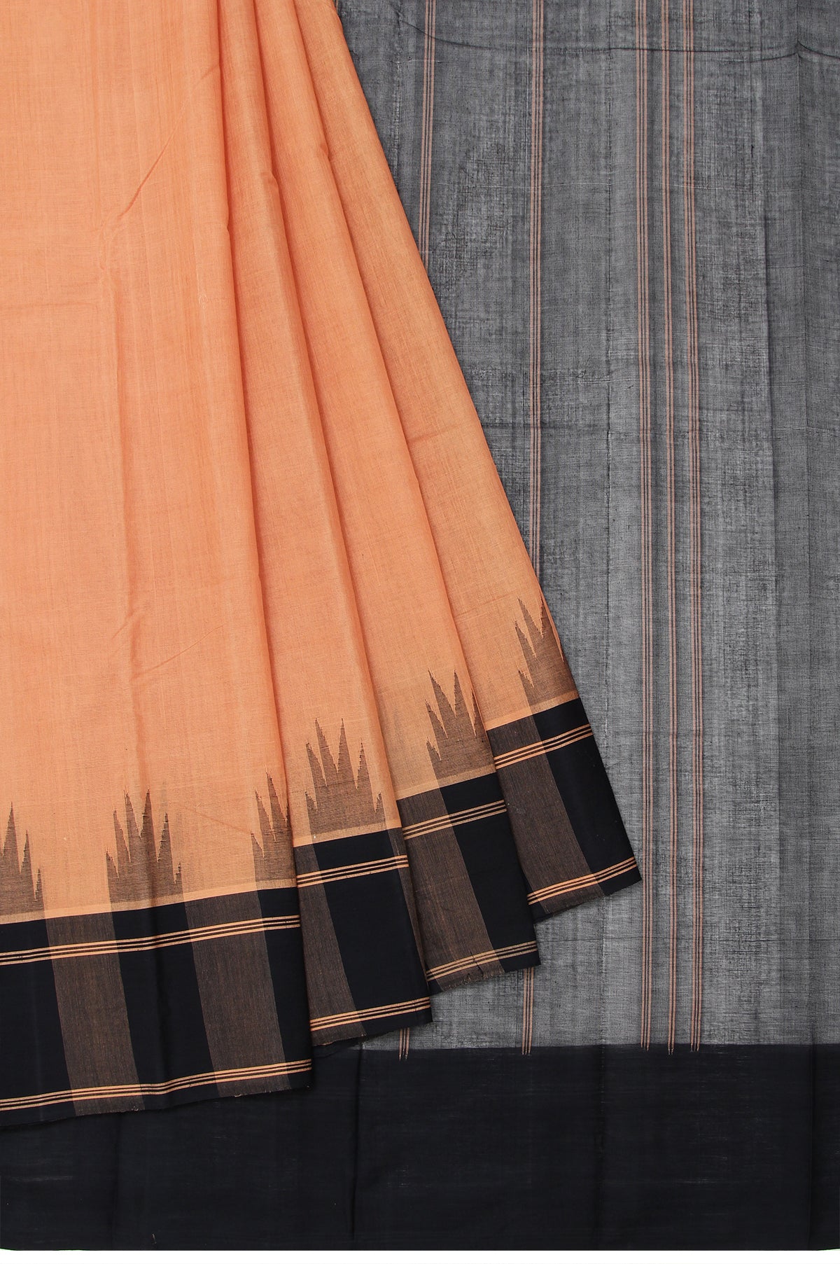 Sandal Kanchi Cotton Saree with Black Sandal Stripes and Plain Design