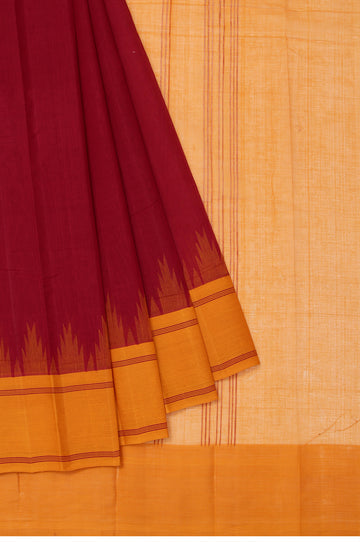 Maroon Kanchi Cotton Saree with Mustard Self Stripes and Temple Design