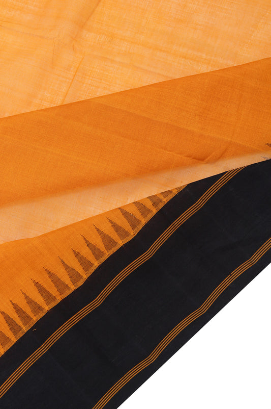 Mustard Kanchi Cotton Saree with Black Mustard Stripes and Temple Design