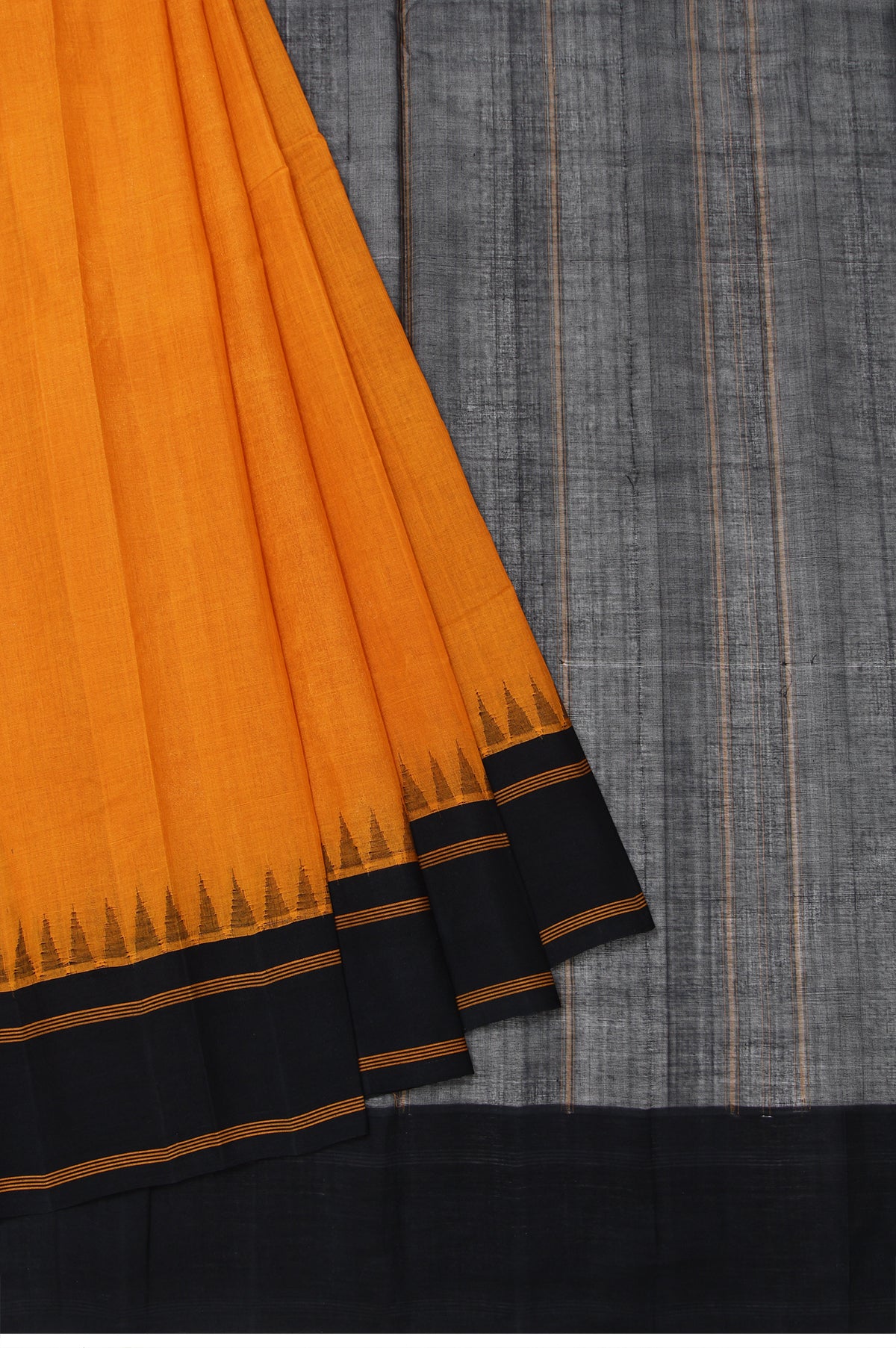 Mustard Kanchi Cotton Saree with Black Mustard Stripes and Temple Design