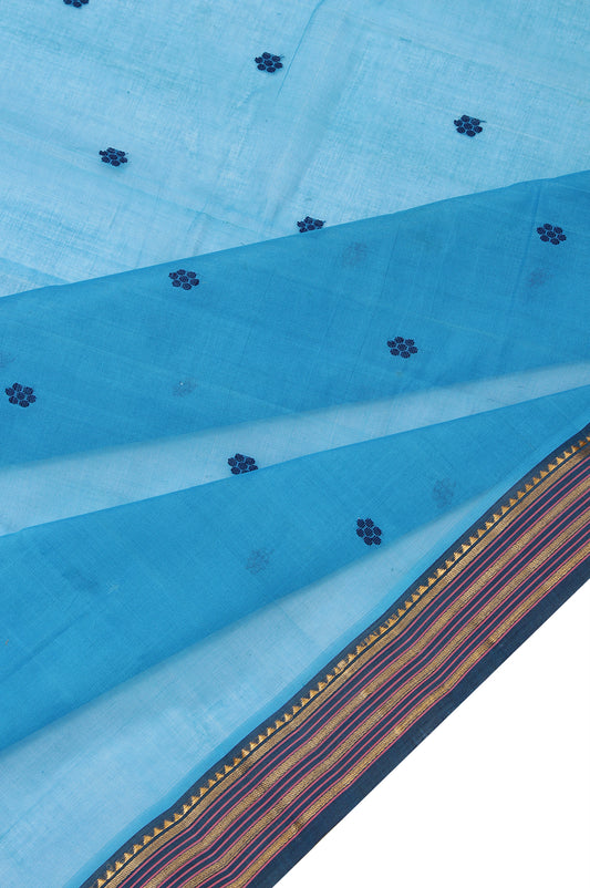 Ananda Blue Kanchi Cotton Saree with Navy Blue Gold Zari Stripes and Thread Work