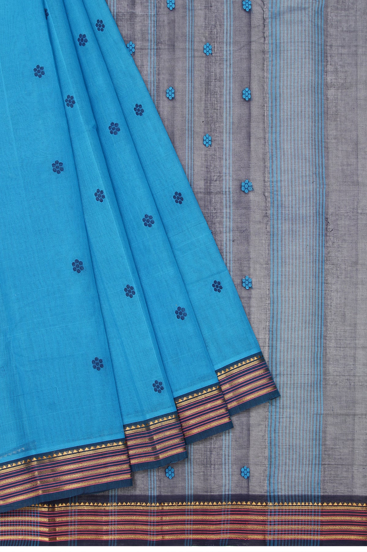 Ananda Blue Kanchi Cotton Saree with Navy Blue Gold Zari Stripes and Thread Work