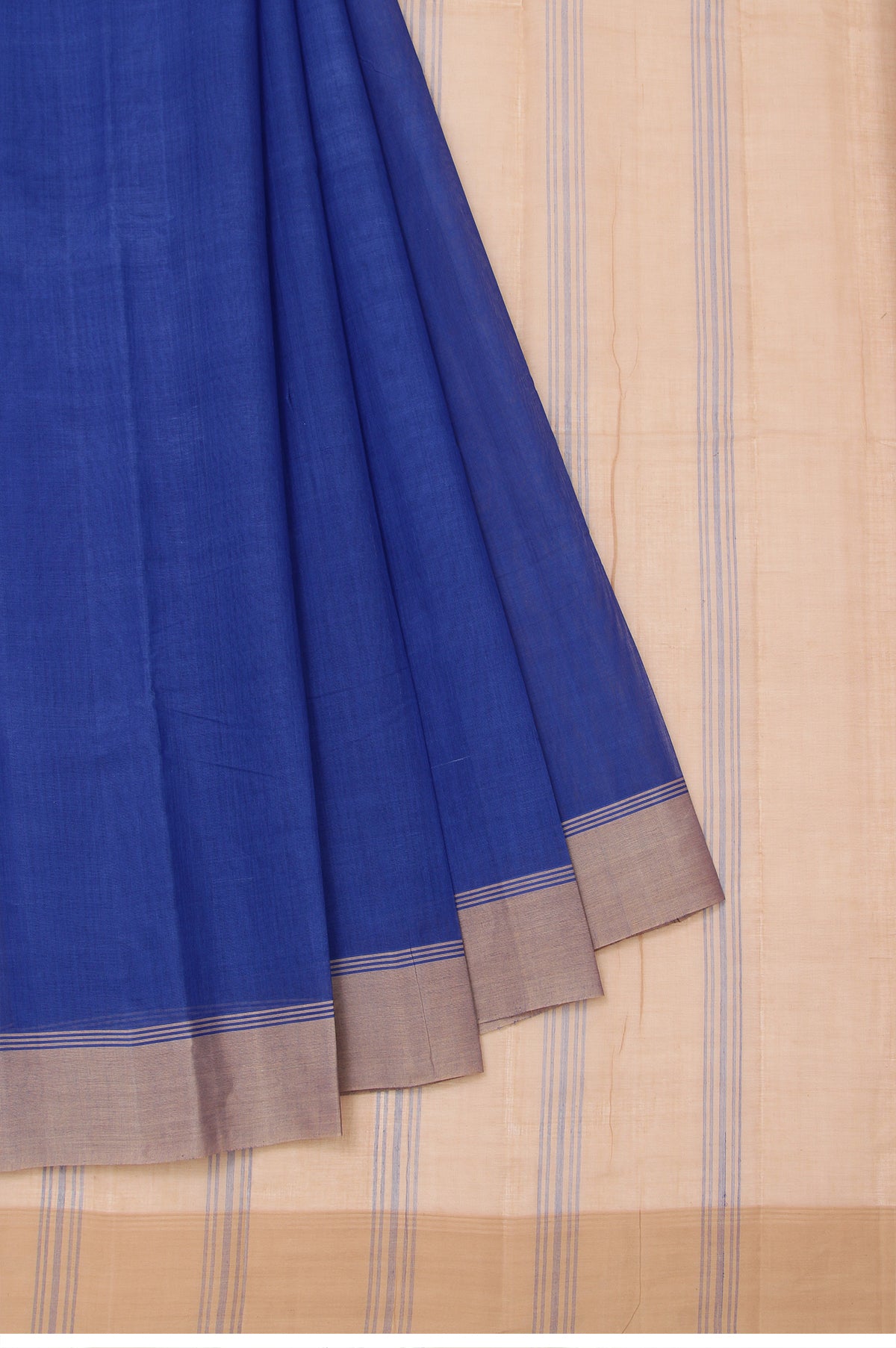 Blue Kanchi Cotton Saree with Beige Blue Stripes and Plain Design