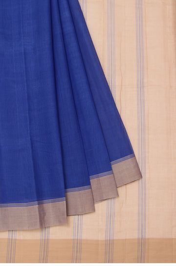 Blue Kanchi Cotton Saree with Beige Blue Stripes and Plain Design