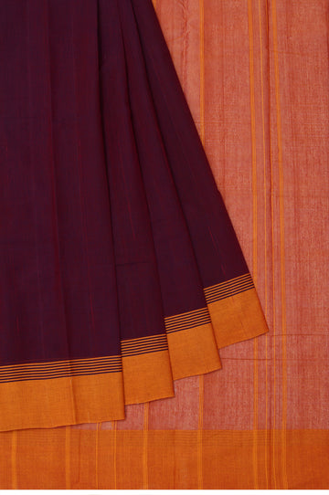 Magenta Kanchi Cotton Saree with Mustard Plain Stripes