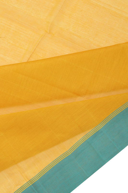 Mustard Kanchi Cotton Saree with Sea Blue Stripes and Plain Design
