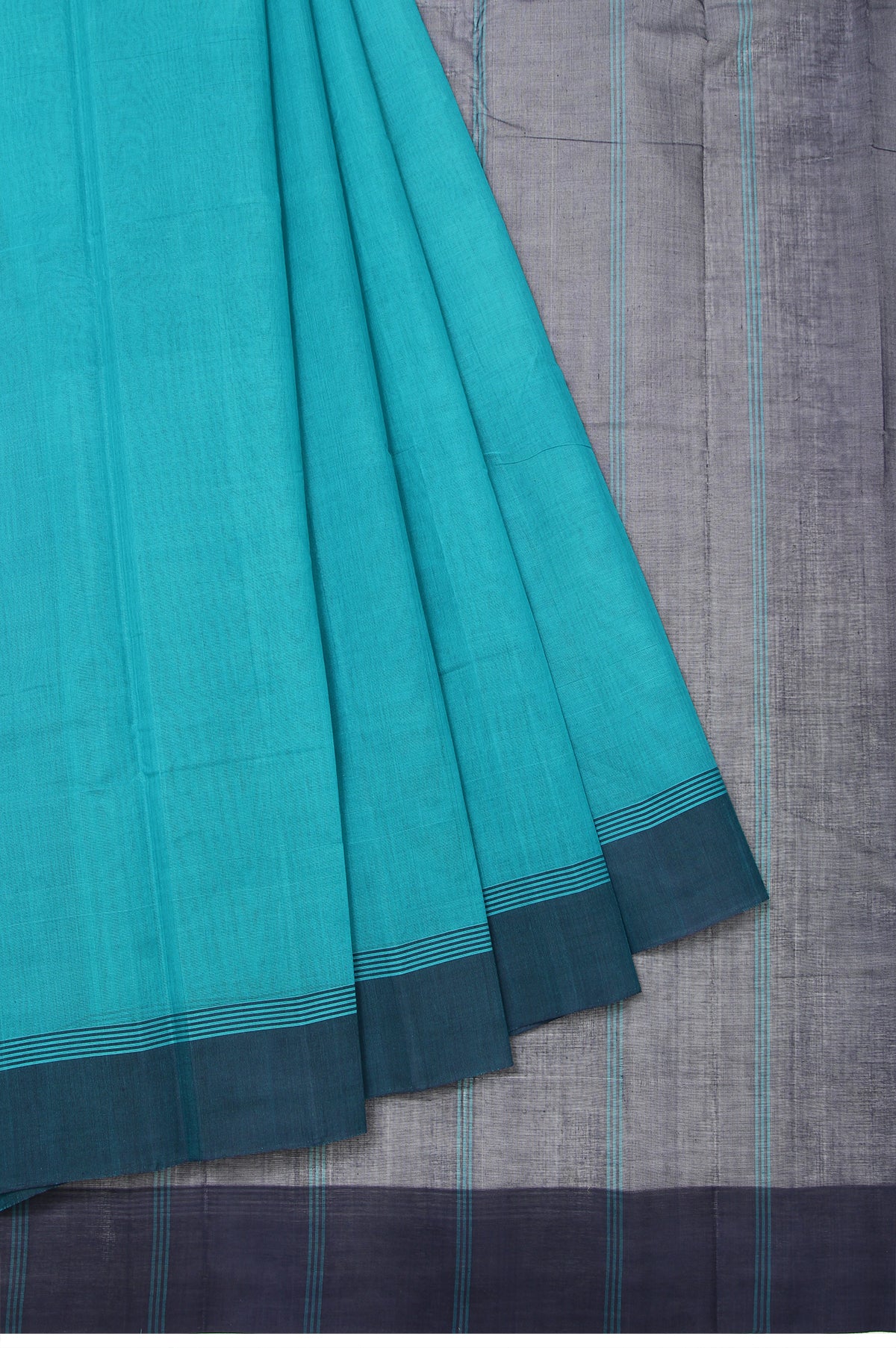 Sea Green Kanchi Cotton Saree with Navy Blue Stripes and Plain Design