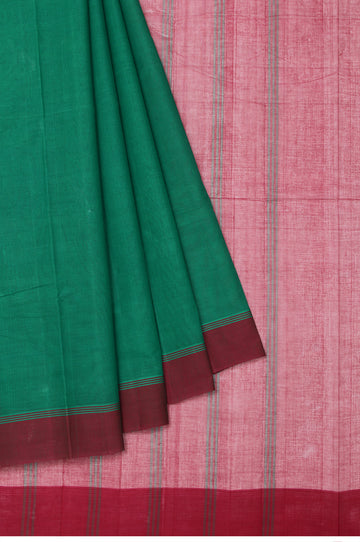 Green Kanchi Cotton Saree with Maroon Stripes and Self Stripes