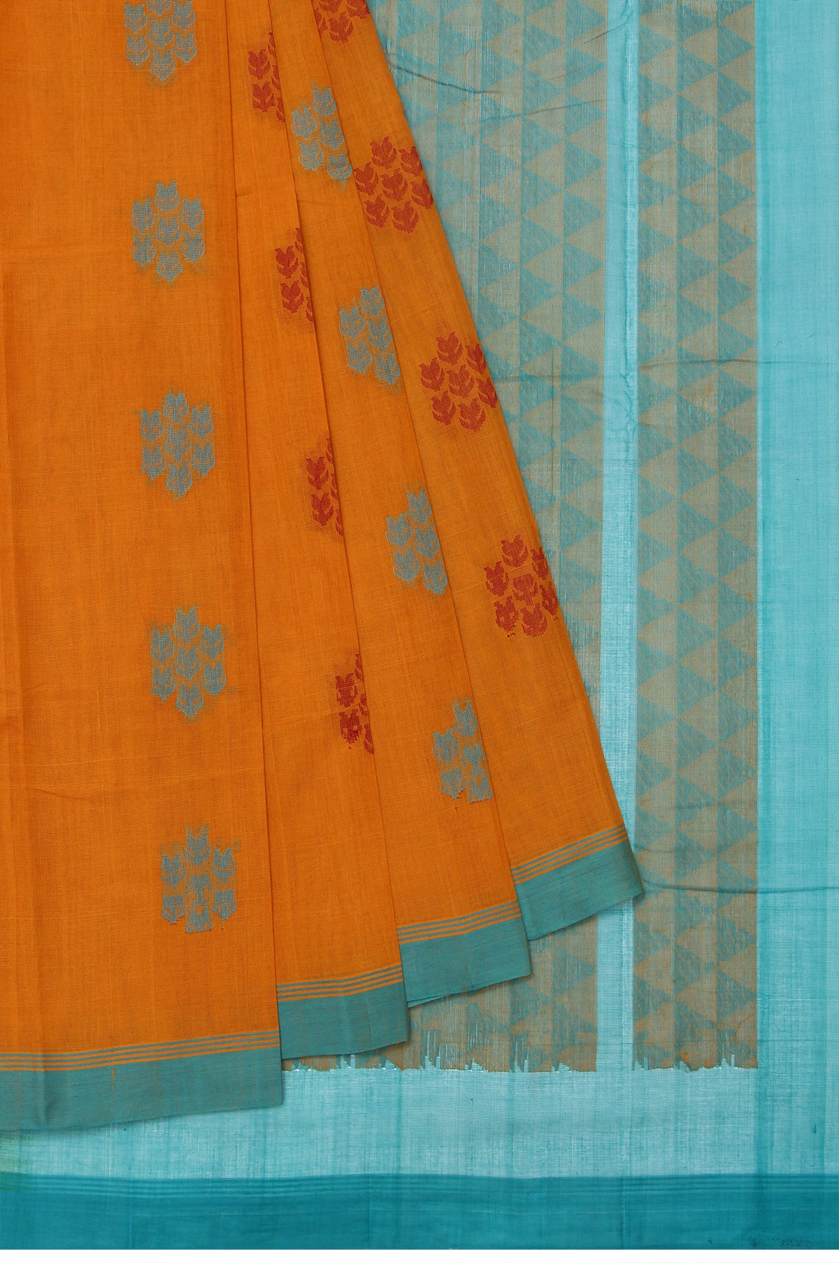 Mustard Kanchi Cotton Saree with Sea Green Stripes and Triangle Butta