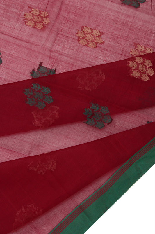 Maroon Kanchi Cotton Saree with Green Self Stripes and Triangle Butta