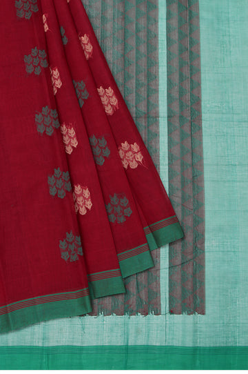 Maroon Kanchi Cotton Saree with Green Self Stripes and Triangle Butta