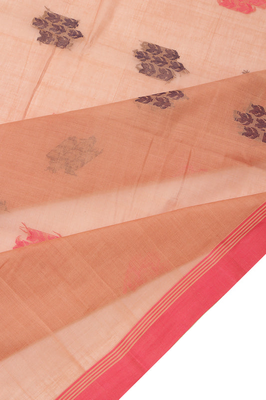 Sandal Kanchi Cotton Saree with Pink Border and Flower Motifs