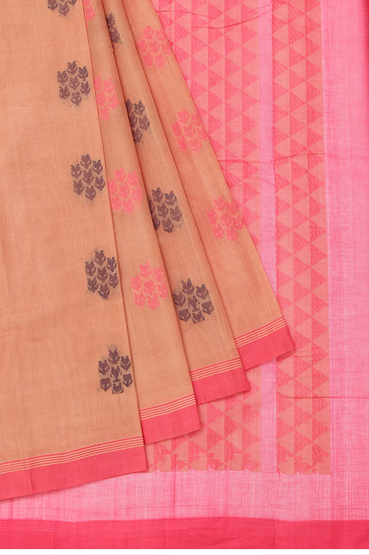 Sandal Kanchi Cotton Saree with Pink Border and Flower Motifs