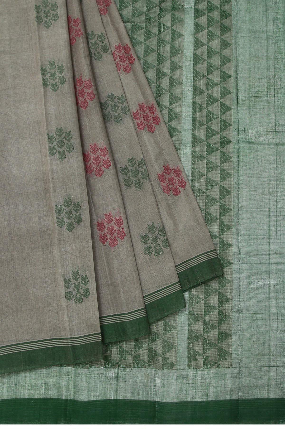 Grey Kanchi Cotton Saree with Green Plain and Grey Stripes