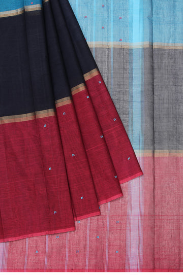 Navy Blue Kanchi Cotton Saree with Ganga Jamuna Border