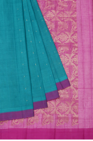 Sea Green Kanchi Cotton Saree with Purple Gold Zari Floral Jaal