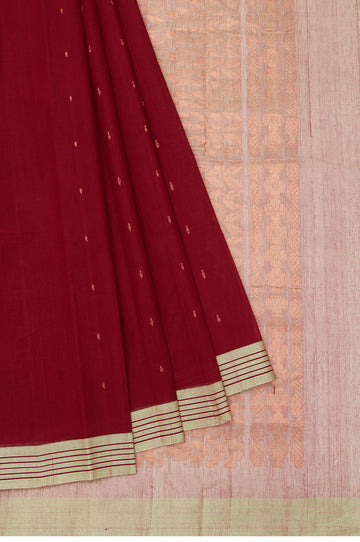 Maroon Kanchi Cotton Saree with Pista Green Gold Zari Leaf Design