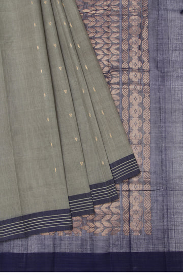 Grey Kanchi Cotton Saree with Navy Blue Stripes and Gold Zari Butta