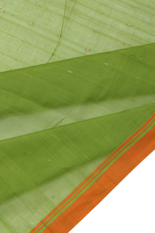 Parrot Green Kanchi Cotton Saree with Orange Gold Zari Flower Motifs