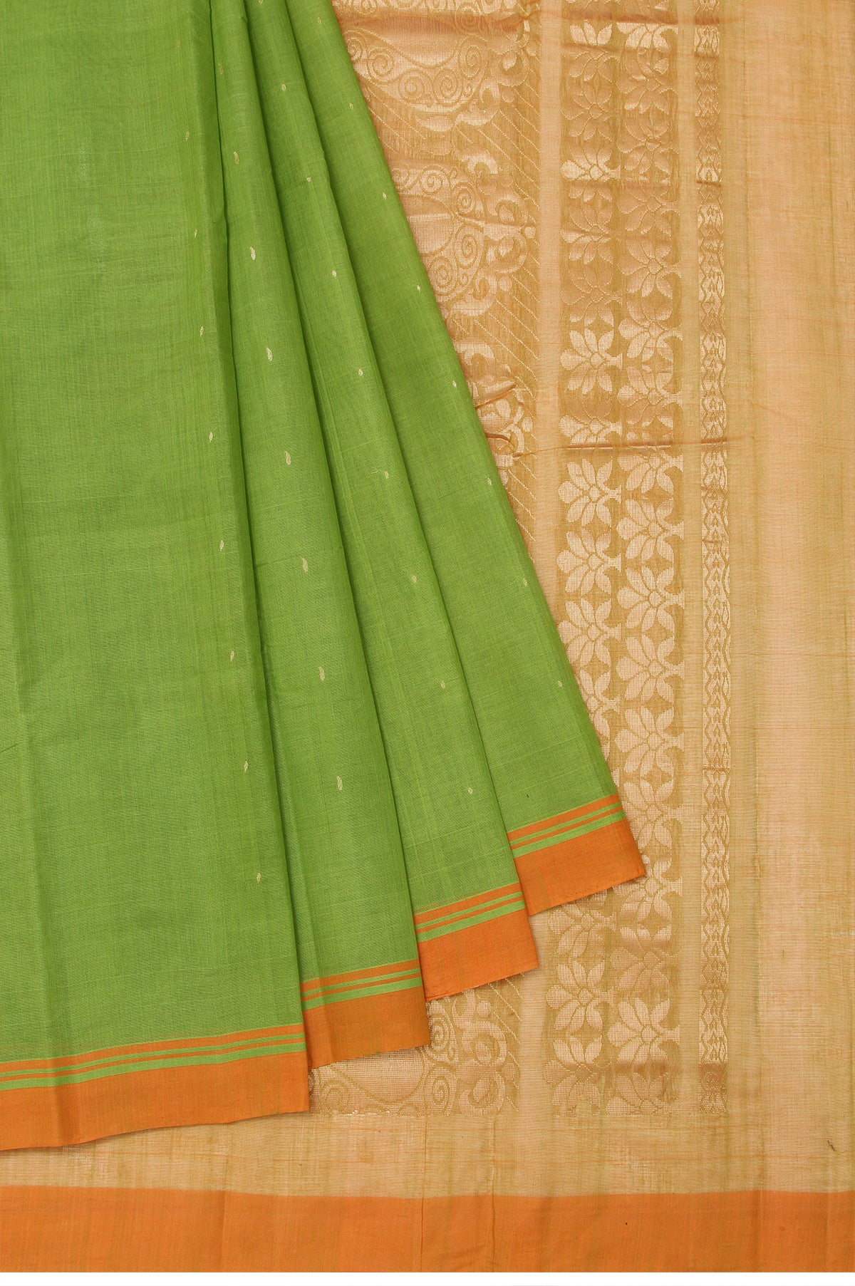 Parrot Green Kanchi Cotton Saree with Orange Gold Zari Flower Motifs