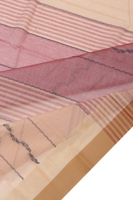 Onion Pink Kanchi Cotton Saree with Sandal Gold Zari Stripes and Thread Work Pallu