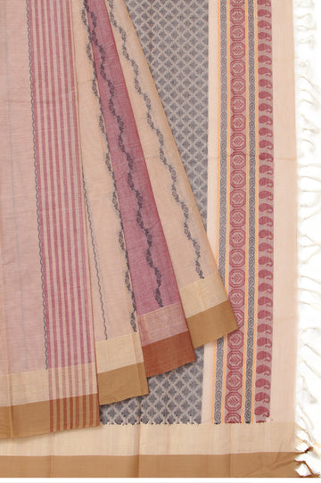 Onion Pink Kanchi Cotton Saree with Sandal Gold Zari Stripes and Thread Work Pallu