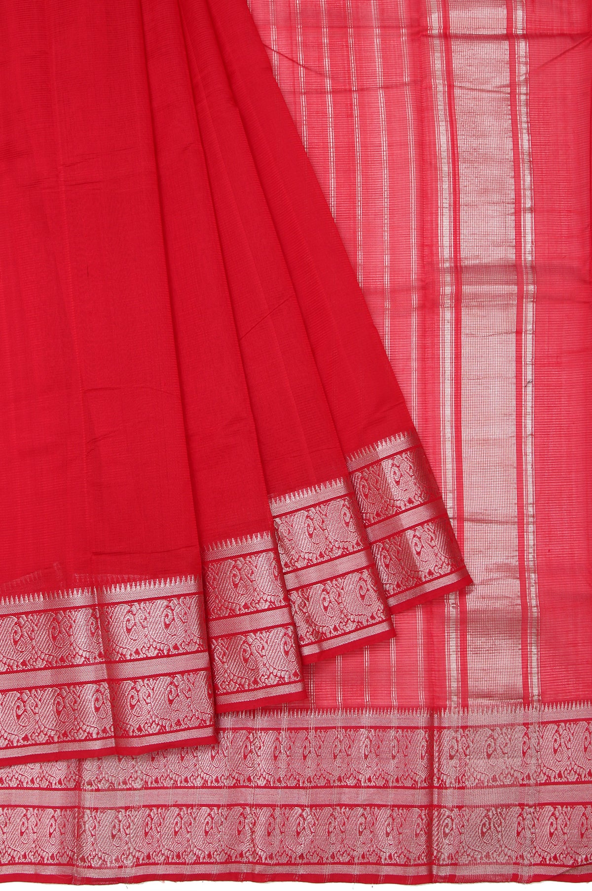 Red Striped Mangalagiri Silk Saree with Peacock Motif Pallu