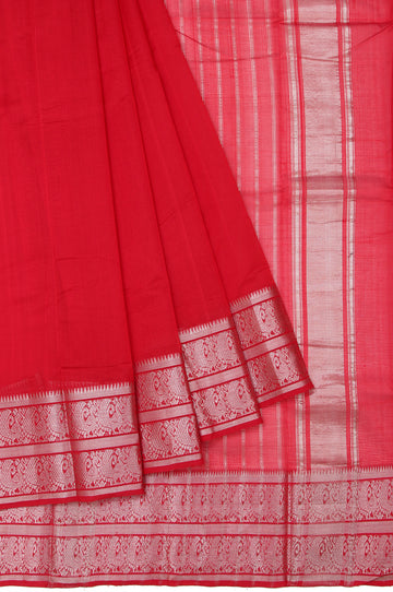 Red Striped Mangalagiri Silk Saree with Peacock Motifs