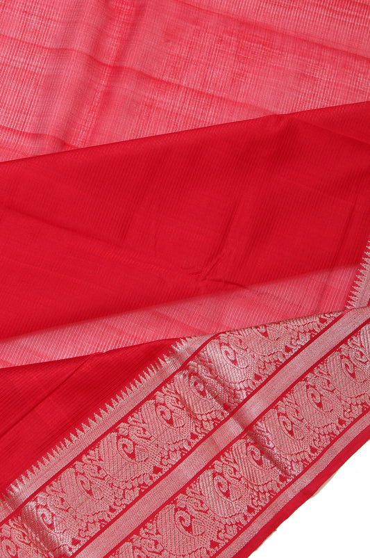 Red Striped Mangalagiri Silk Saree with Peacock Motif Pallu