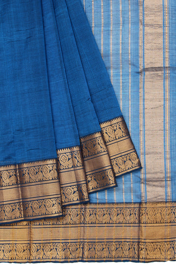 Peacock Blue Striped Mangalagiri Silk Saree with Gold Zari