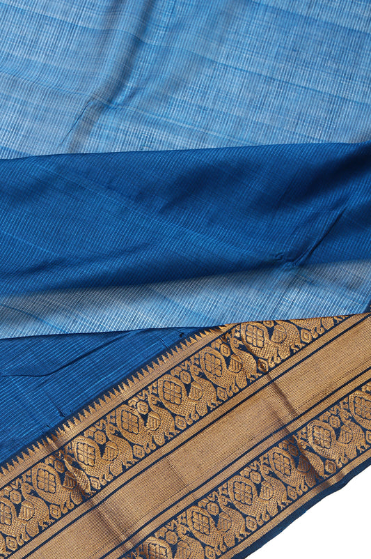 Peacock Blue Striped Mangalagiri Silk Saree with Gold Zari