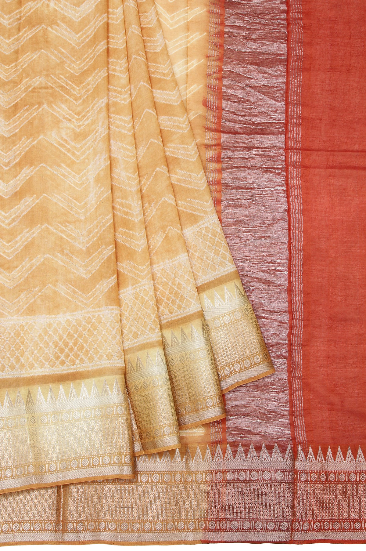 Mustard Mangalagiri Silk Saree with Yellow Border and Silver Zari Temple Design