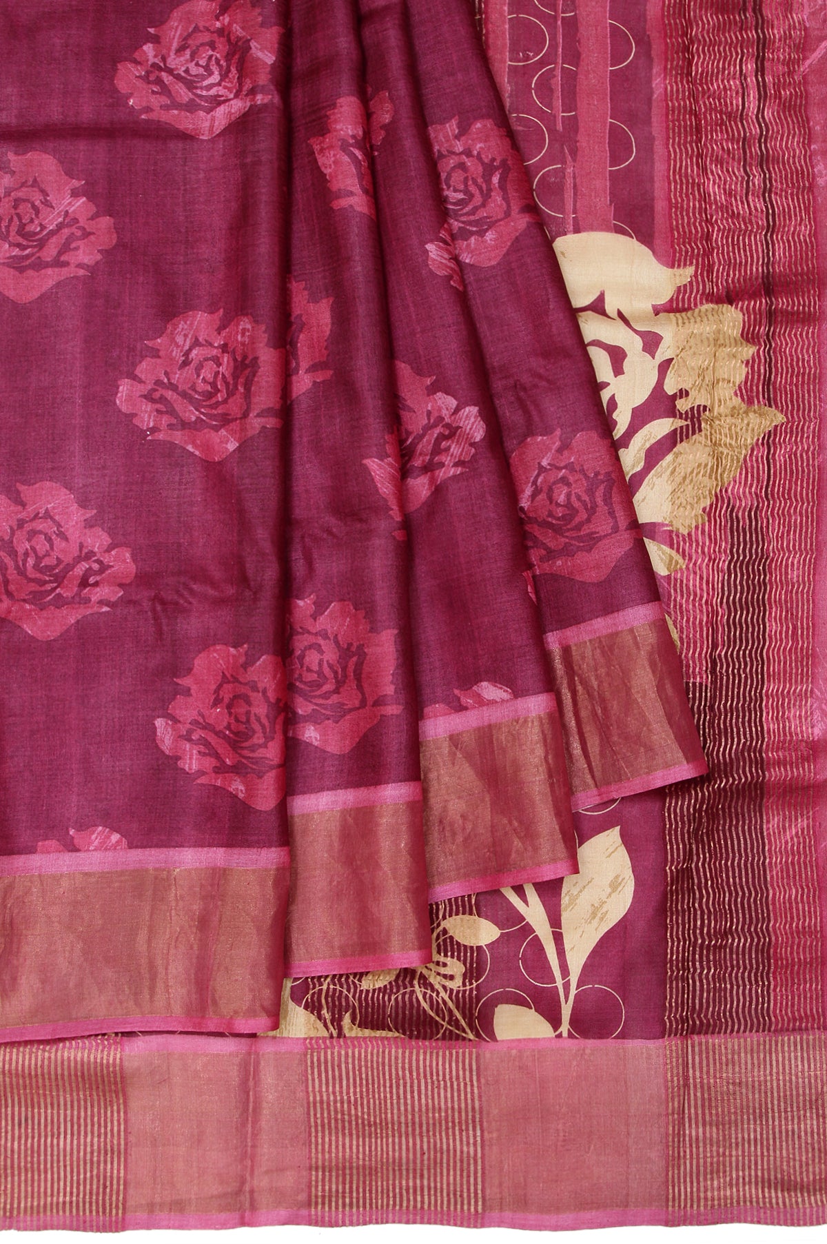 Maroon Tussar Silk Saree with Gold Zari Lined Pallu