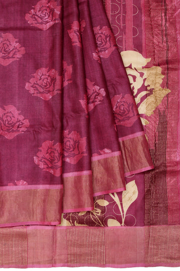 Maroon Tussar Silk Saree with Onion Pink Border