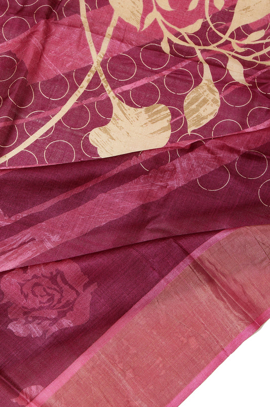 Maroon Tussar Silk Saree with Onion Pink Border