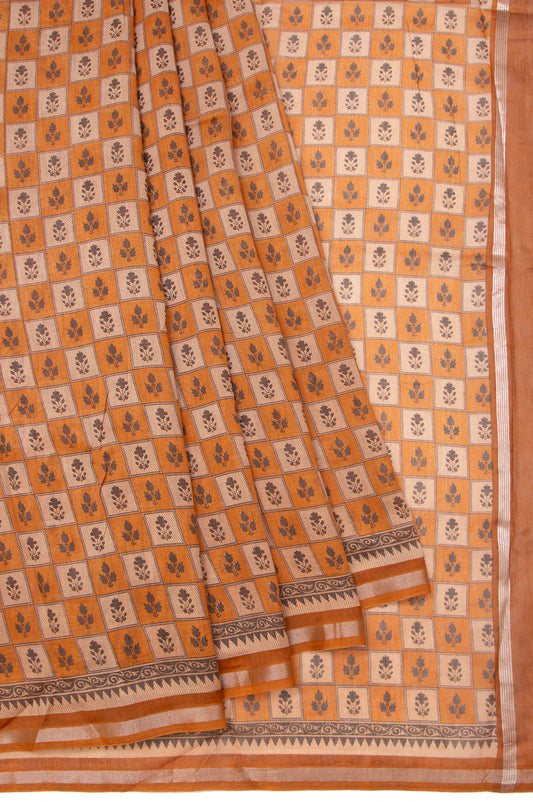 Mustard Chanderi Cotton Silk Saree with Checks and Stripes