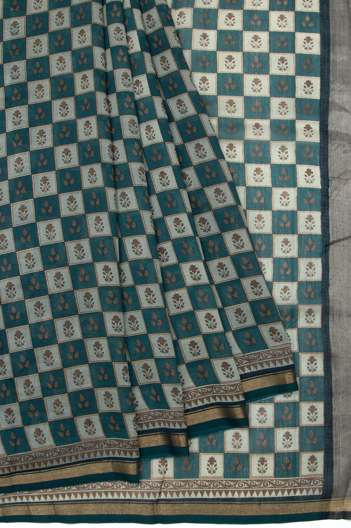 Peacock Green Chanderi Cotton Silk Saree with Printed Border Blouse