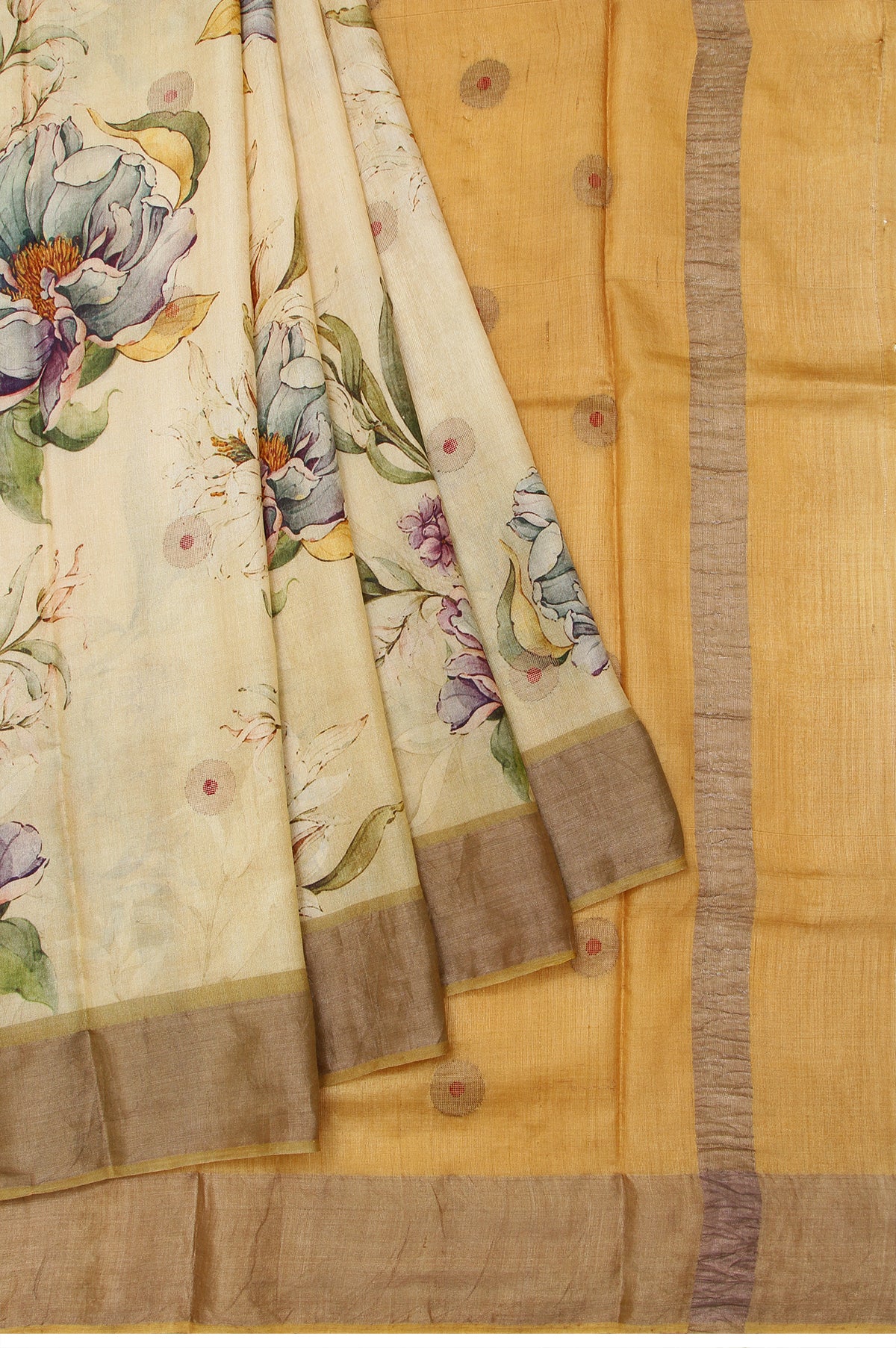 Beige Tussar Silk Saree with Mehendi Yellow Pallu