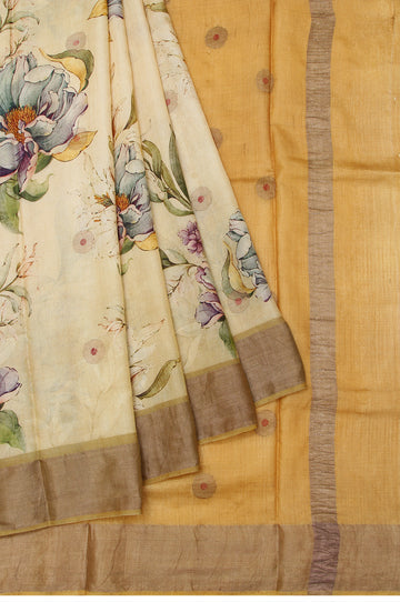 Beige Tussar Silk Saree with Mehendi Yellow Pallu