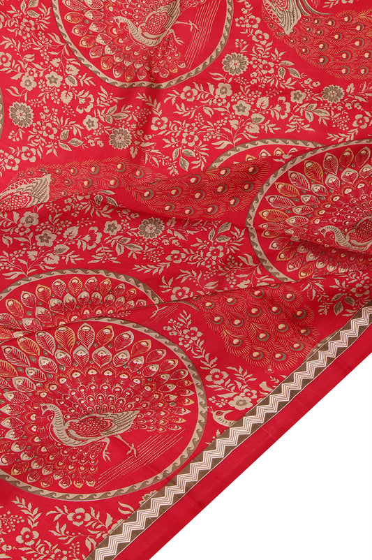 Red Pure Silk Saree with Printed Peacock Motifs