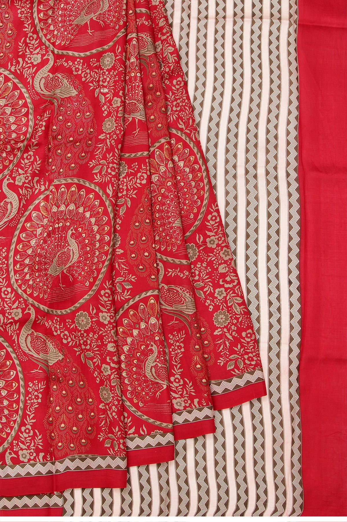 Red Pure Silk Saree with Printed Peacock Motifs