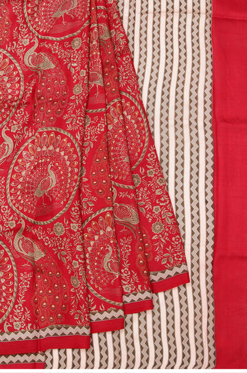 Red Pure Silk Saree with Printed Peacock Motifs