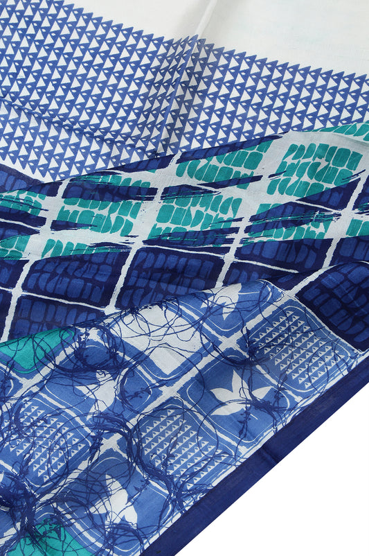 Blue Pure Silk Saree with Dark Blue Border and Printed Flower Motifs