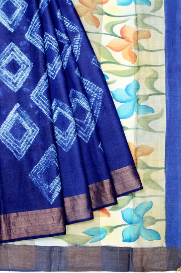 Indigo Blue Tussar Saree with Floral Design