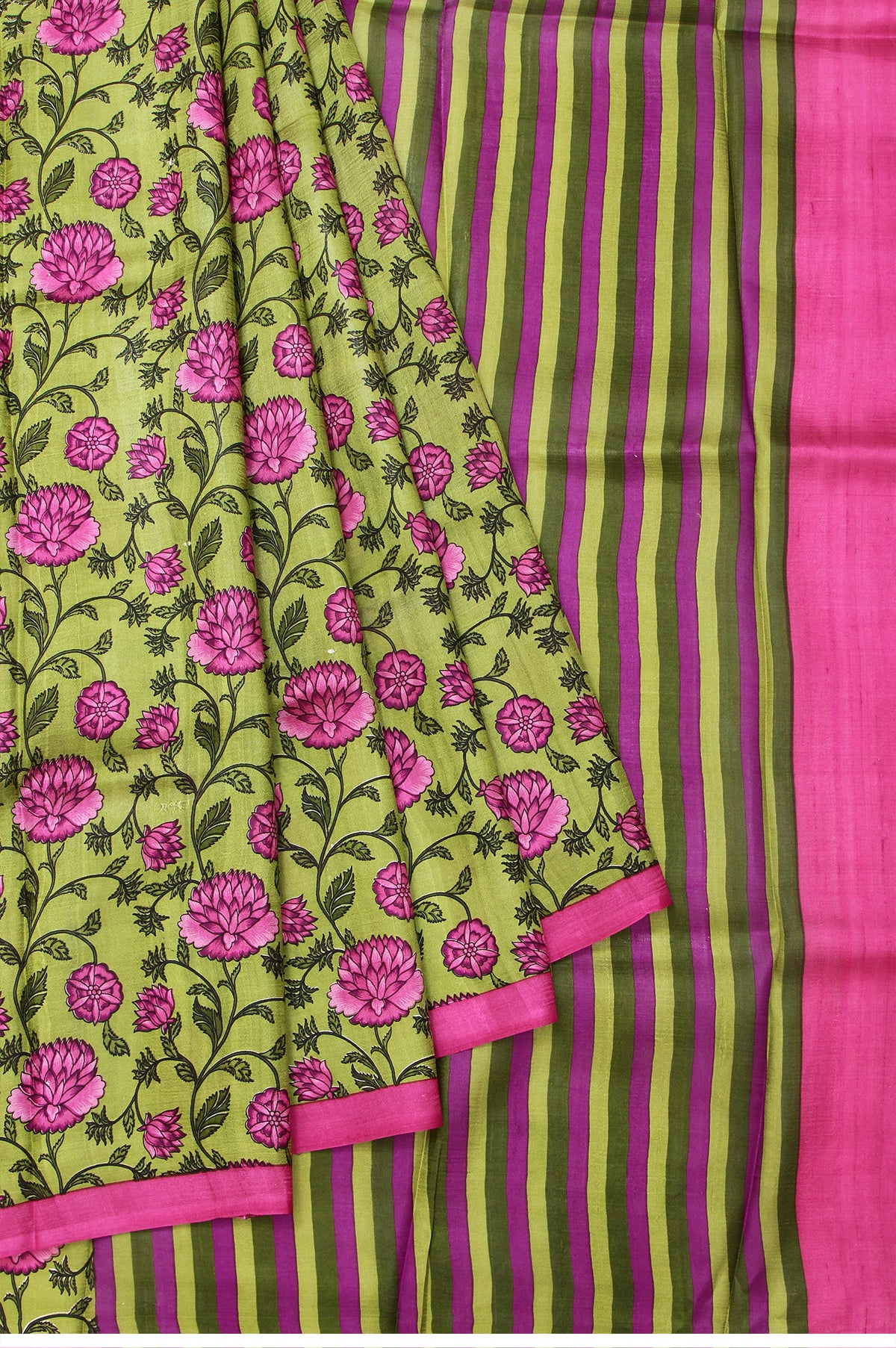 Parrot Green Pure Silk Saree with Printed Floral Jaal