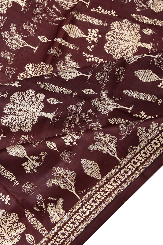 Brown Pure Silk Saree with Printed Motifs