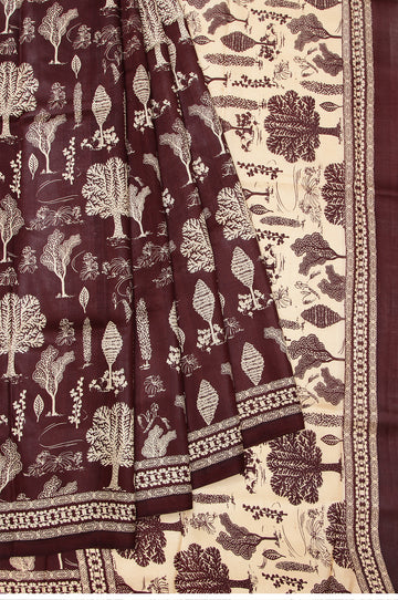 Brown Pure Silk Saree with Printed Motifs